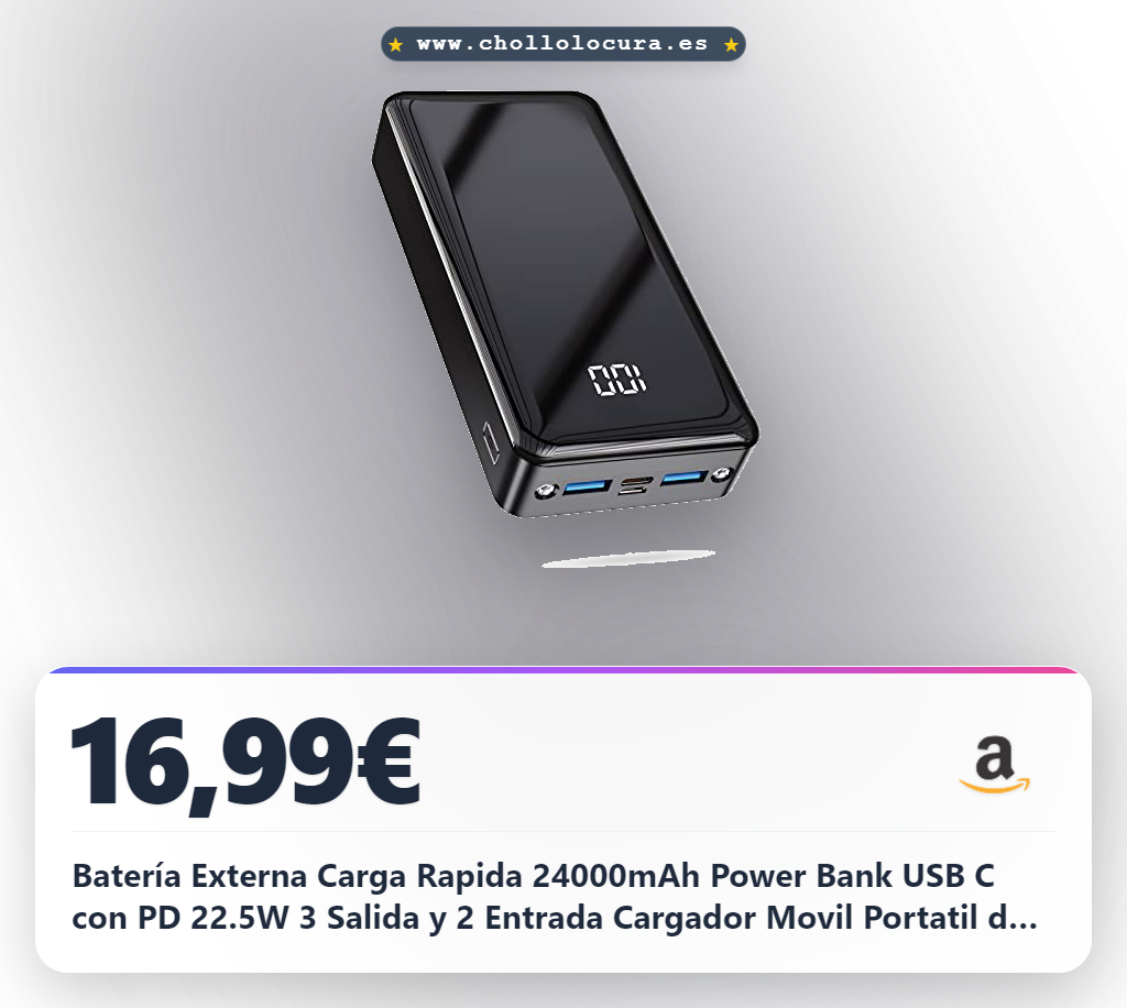 Batería Externa Carga Rapida 24000mAh Power Bank USB C con PD 22.5W 3 Salida y 2 Entrada Cargador Movil Portatil de Gran Capacidad Compatible con Linterna para iPhone Samsung iPad Tablet etc
