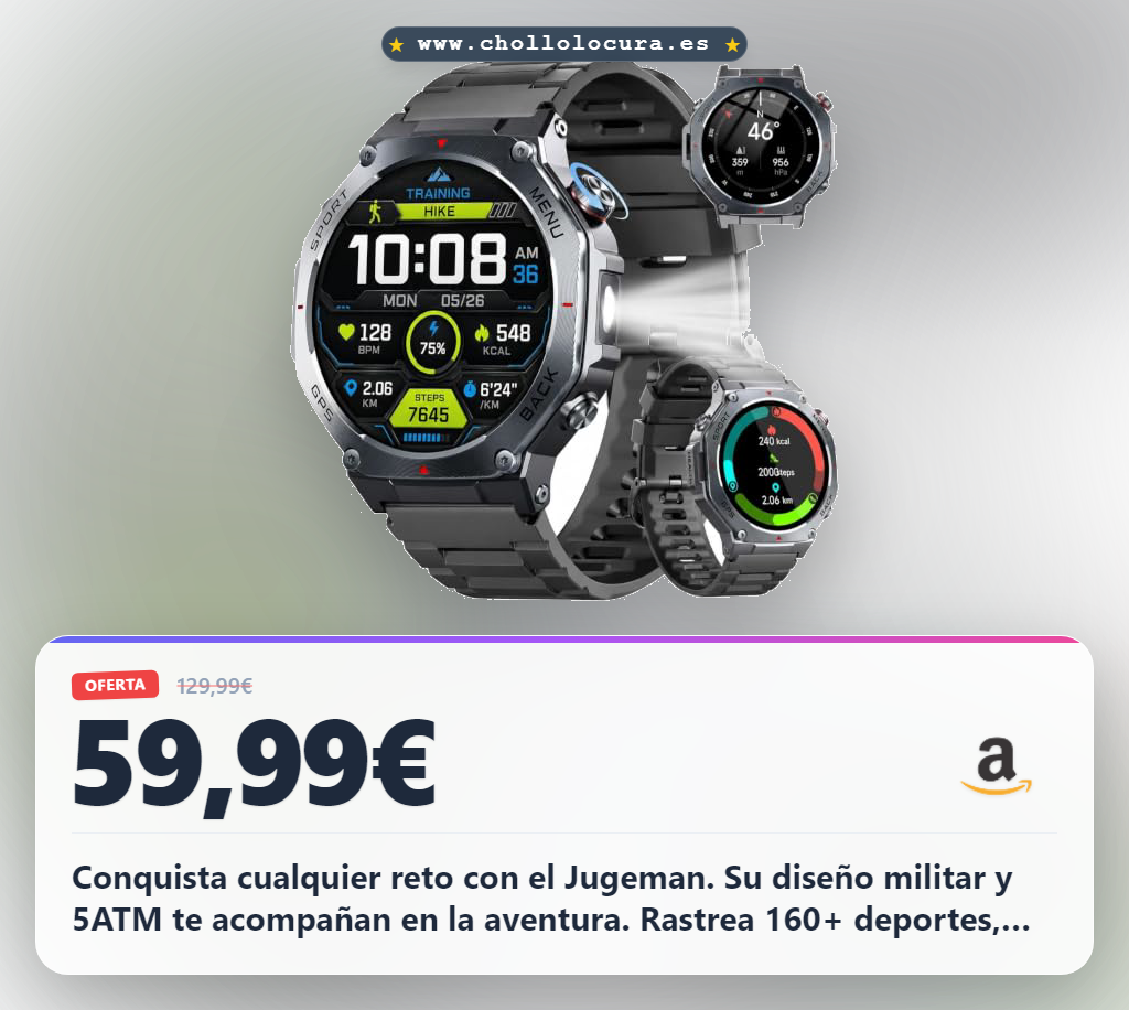 Aprovecha el Reloj Inteligente Jugeman Militar con GPS, AMOLED y 160+ modos deportivos en oferta