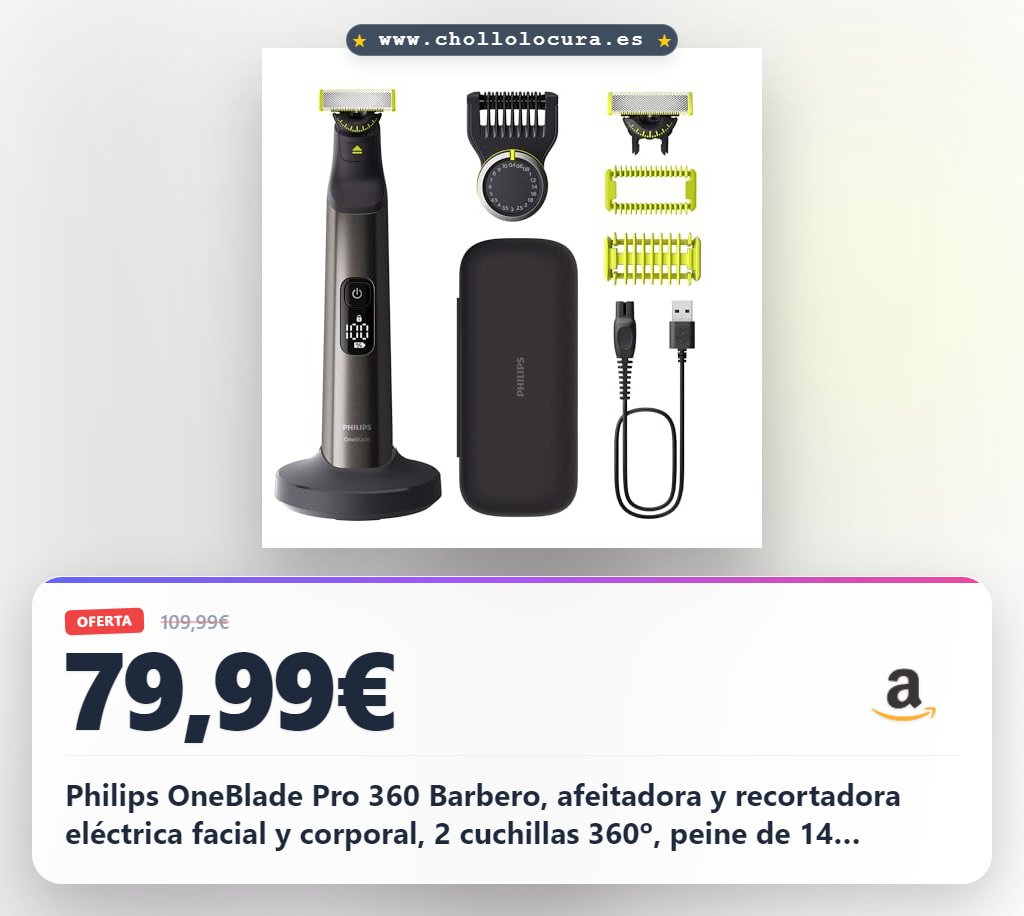 Philips OneBlade Pro 360 Barbero, afeitadora y recortadora eléctrica facial y corporal, 2 cuchillas 360º, peine de 14 longitudes, kit corporal, soporte de carga, funda de viaje, Negro, QP6652/30