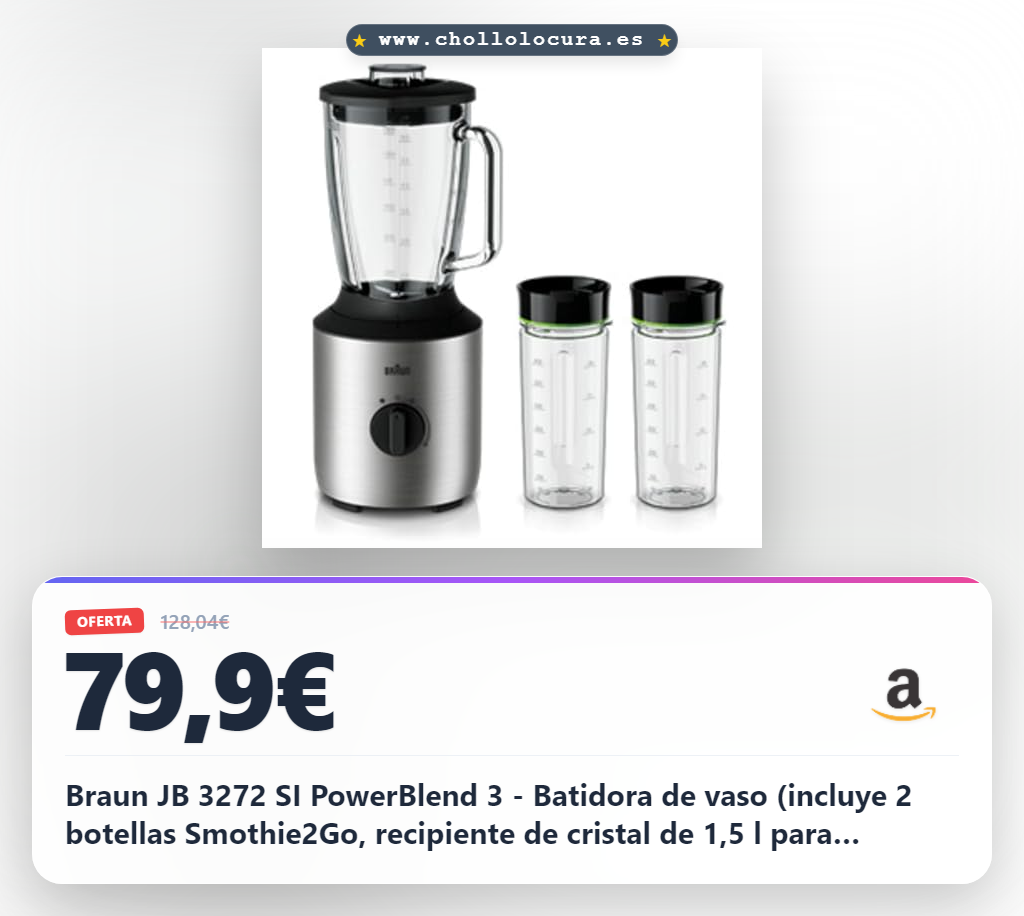 Braun JB 3272 SI PowerBlend 3 - Batidora de vaso (incluye 2 botellas Smothie2Go, recipiente de cristal de 1,5 l para ingredientes calientes y fríos, adecuada como picadora de hielo y batidora