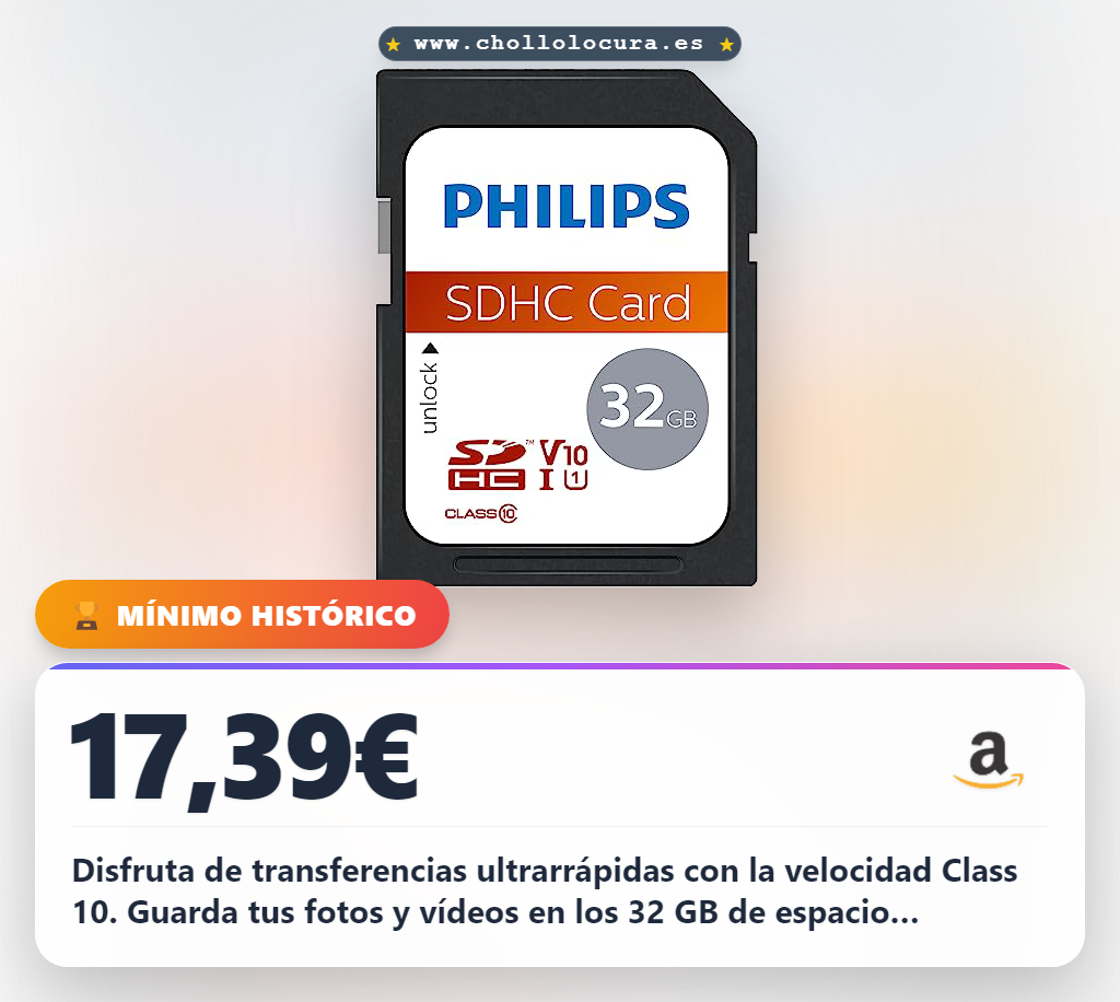 Aprovecha la tarjeta de memoria SDHC Philips de 32GB Clase 10 al mejor precio en oferta histórica