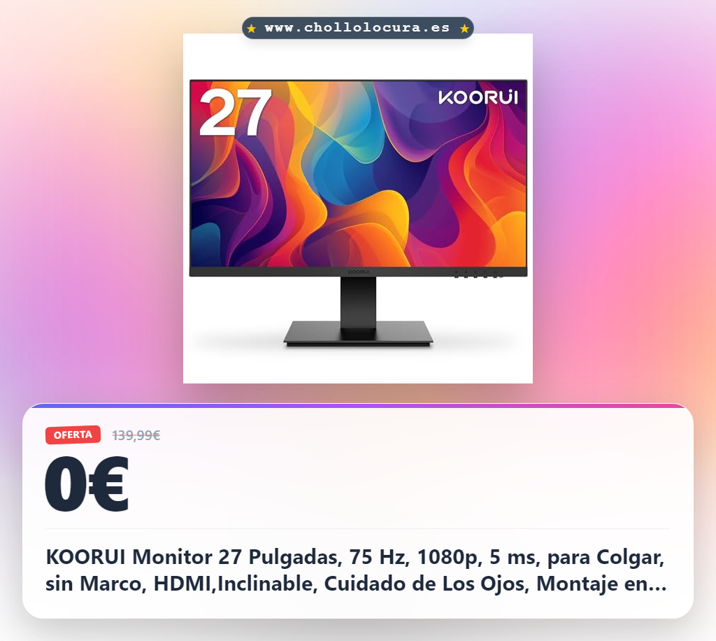 KOORUI Monitor 27 Pulgadas, 75 Hz, 1080p, 5 ms, para Colgar, sin Marco, HDMI,Inclinable, Cuidado de Los Ojos, Montaje en Pared VESA, Color Negro