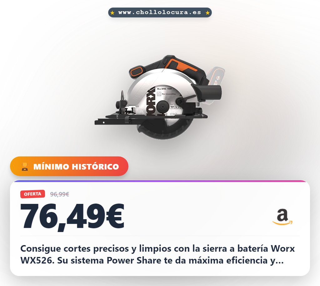 Aprovecha la Sierra Circular a batería Worx WX526 20V con tecnología Power Share y cortes precisos al mejor precio de chollo