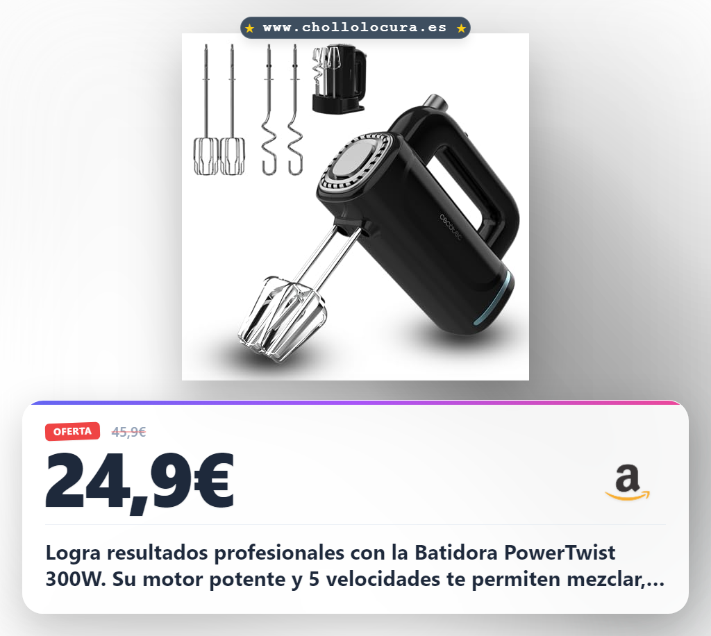 Aprovecha la batidora PowerTwist 300 con motor de 300W para mezclar y amasar al mejor precio