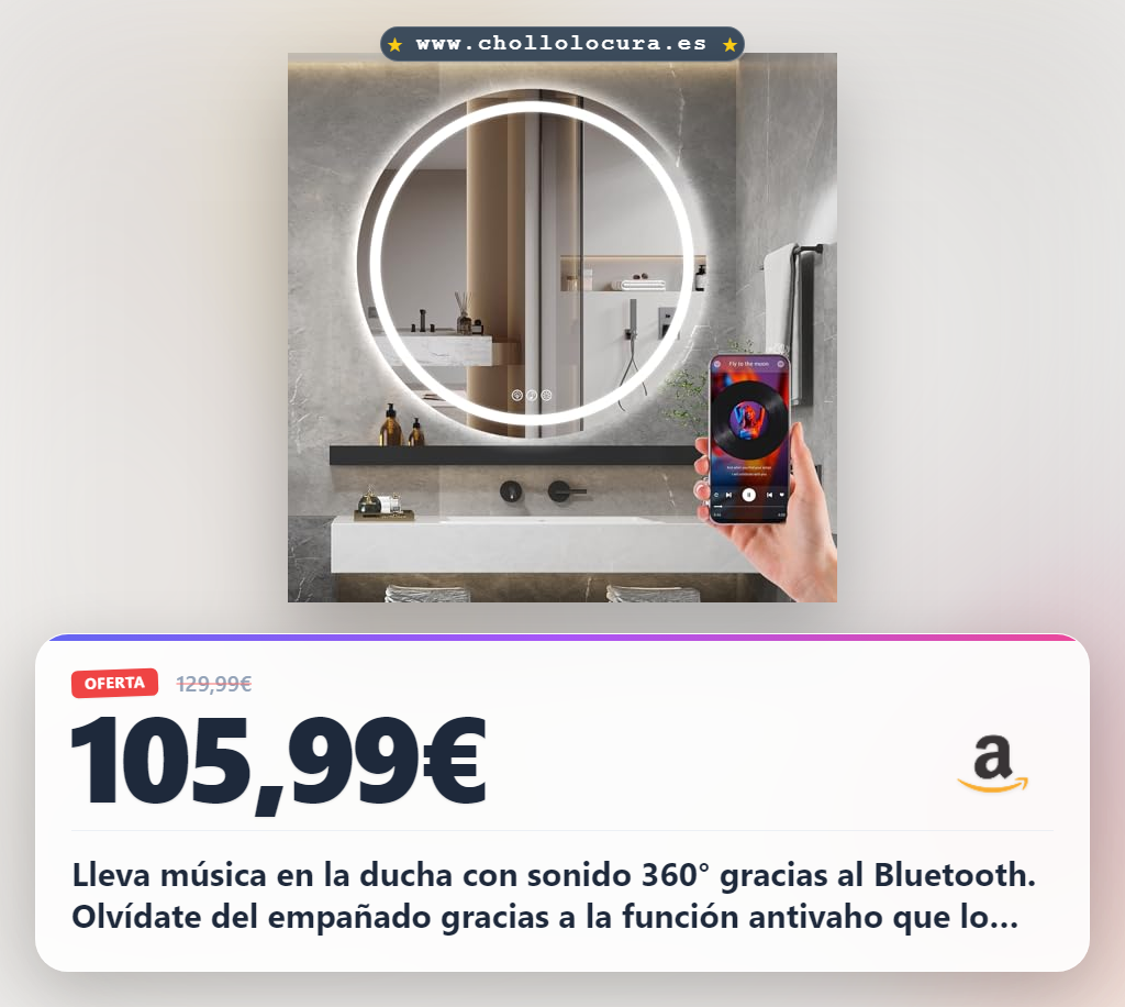 Aprovecha este espejo baño Ratsamee de 80cm con luz LED Bluetooth y función antivaho a mejor precio del año en oferta histórica