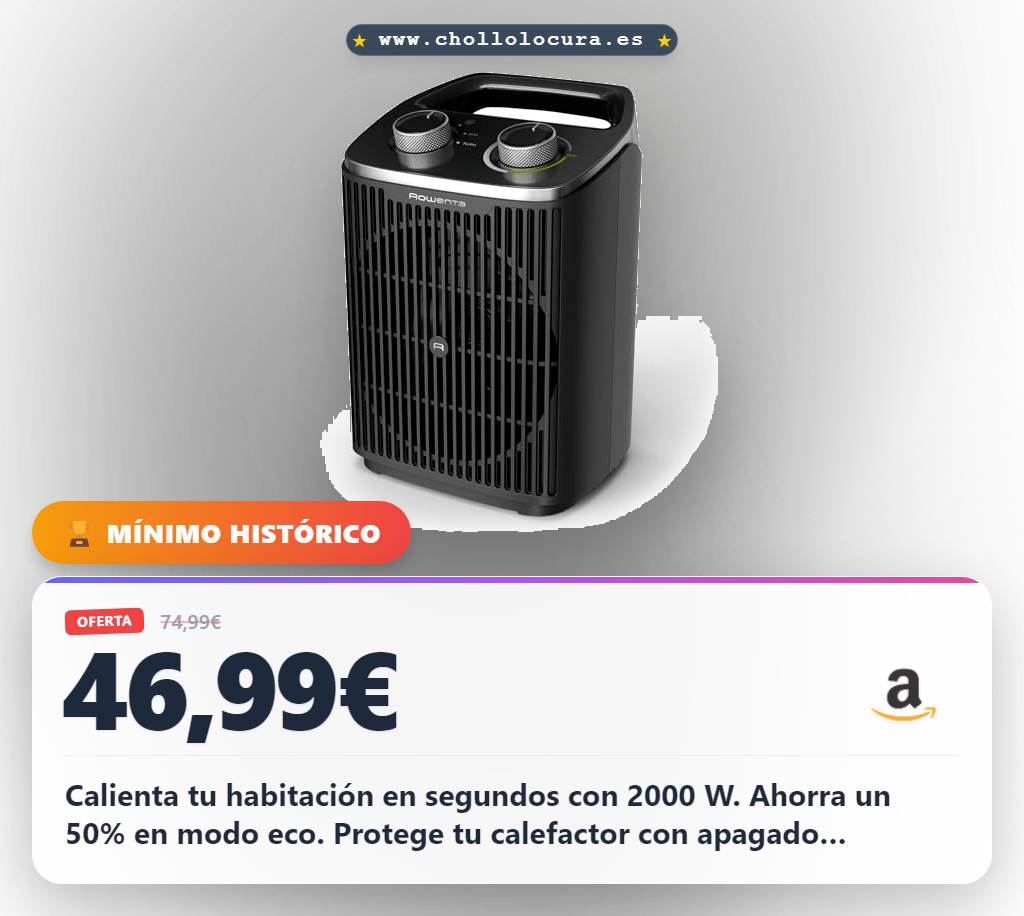 Rowenta Intense Comfort, Calefactor, 2000 W de potencia, bajo consumo, silencioso, apagado automático, 2 Modos Eco/Turbo, Calienta hasta 35m, Protección Sobrecalentamiento y Antivuelco, SO2350F0