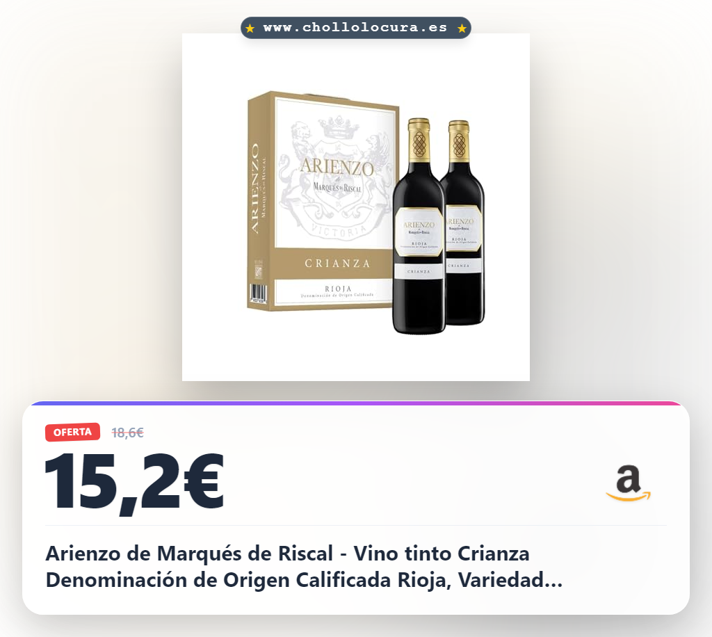 Arienzo de Marqués de Riscal - Vino tinto Crianza Denominación de Origen Calificada Rioja, Variedad Tempranillo, 18 meses en barrica - Estuche 2 botellas x 750 ml