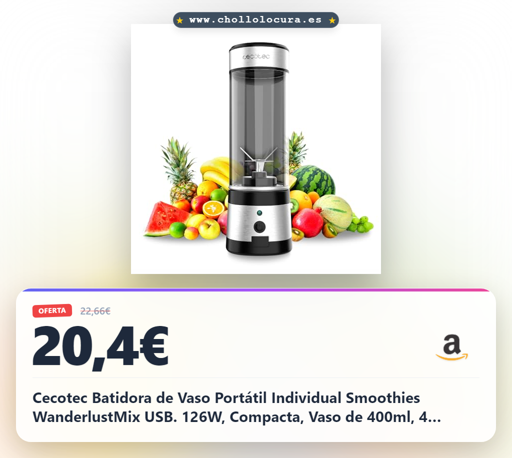 Cecotec Batidora de Vaso Portátil Individual Smoothies WanderlustMix USB. 126W, Compacta, Vaso de 400ml, 4 Cuchillas Con Recubrimiento De Titanio Negro, Autonomía de 15 Usos