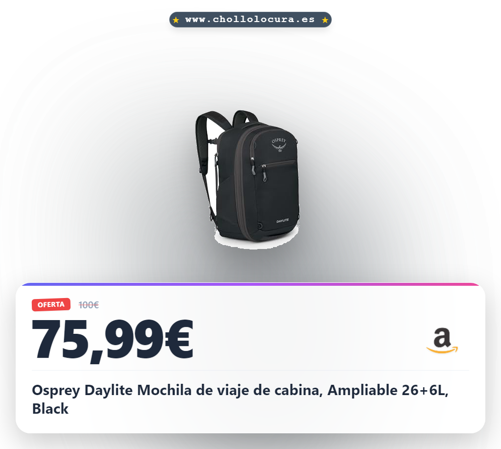 Osprey Daylite Mochila de viaje de cabina, Ampliable 26+6L, Black