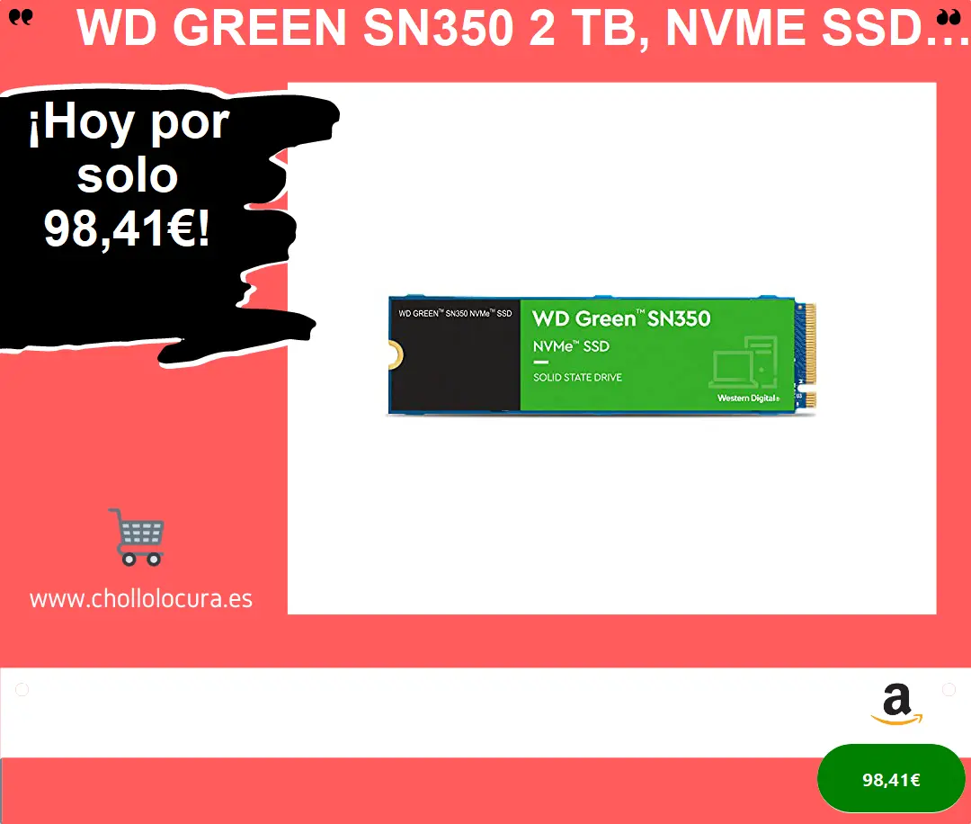 WD Green SN350 2 TB, NVMe SSD - Gen3 PCIe, QLC, M.2 2280, con 3,200 MB/s de velocidad de lectura