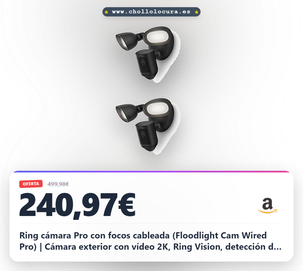 Ring cámara Pro con focos cableada (Floodlight Cam Wired Pro) | Cámara exterior con vídeo 2K, Ring Vision, detección de movimiento 3D | 30 días de prueba gratuita de Ring Home | 2 Cámaras