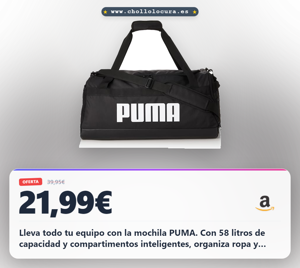 Lleva todo tu equipo con la mochila PUMA. Con 58 litros de capacidad y compartimentos inteligentes, organiza ropa y calzado sin esfuerzo. Sus cremalleras bidireccionales y bolsillos laterales te dan todo lo que necesitas para entrenar o viajar. Máxima comodidad y estilo.