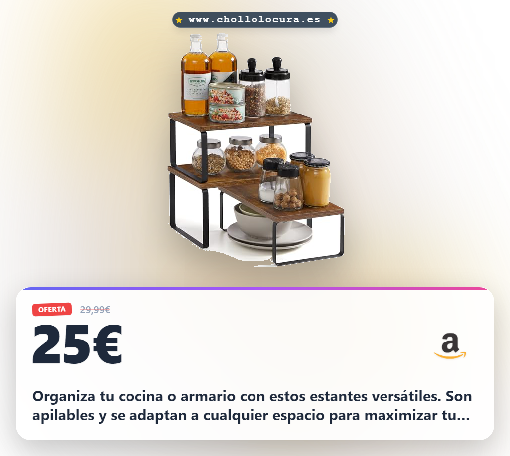 Aprovecha este juego de 3 estantes apilables para especias metal y madera en oferta histórica para organizar tu armario y cocina en oferta.