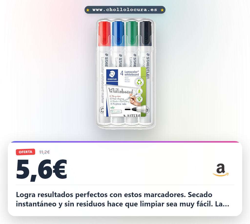 Aprovecha el set de 4 rotuladores Staedtler para pizarra blanca con secado rápido y tinta Dry Safe al mejor precio