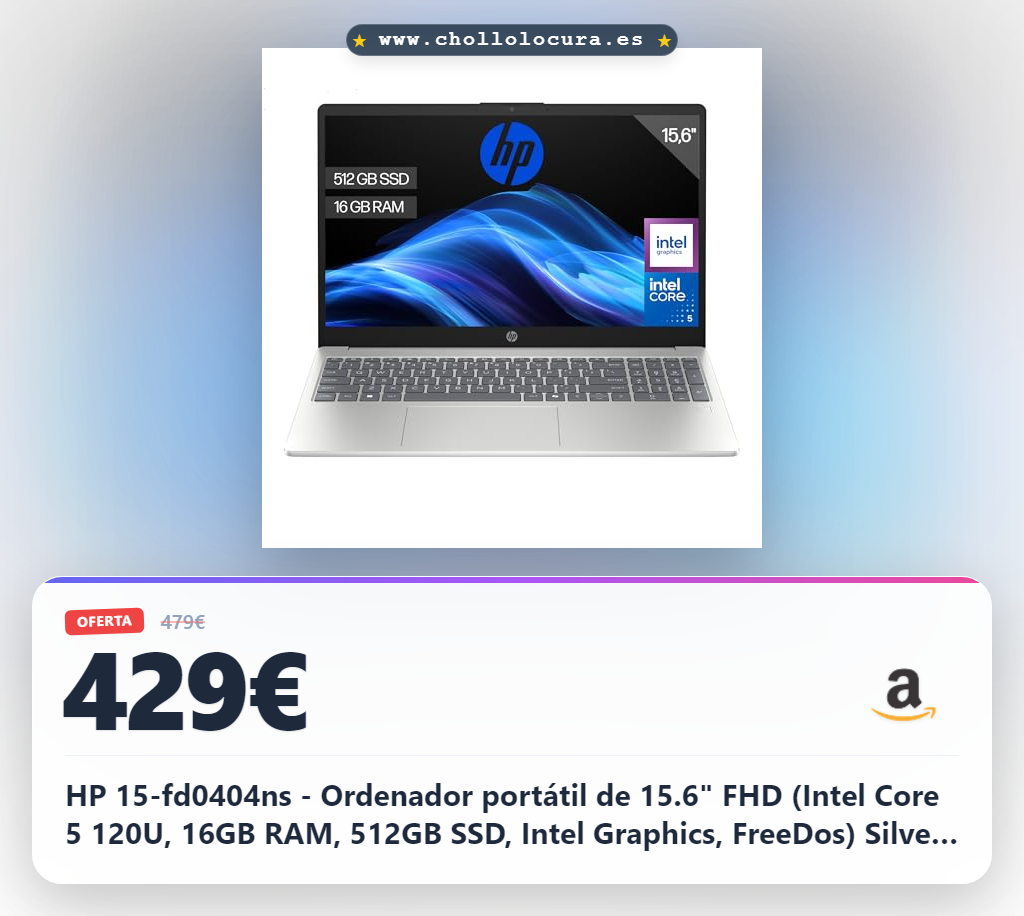 HP 15-fd0404ns - Ordenador portátil de 15.6" FHD (Intel Core 5 120U, 16GB RAM, 512GB SSD, Intel Graphics, FreeDos) Silver - Teclado QWERTY Español