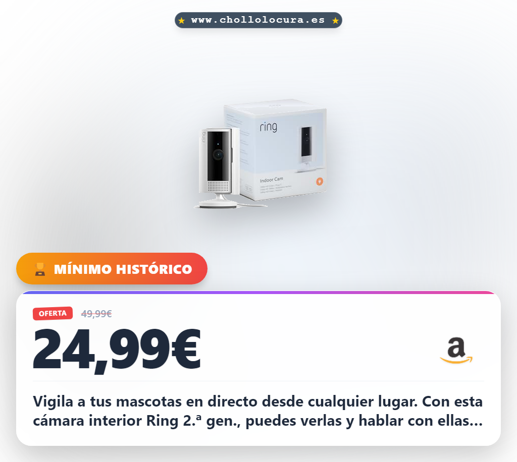 Consigue la cámara interior Ring 2ª gen para vigilar a tus mascotas en directo y habla con ellas al mejor precio