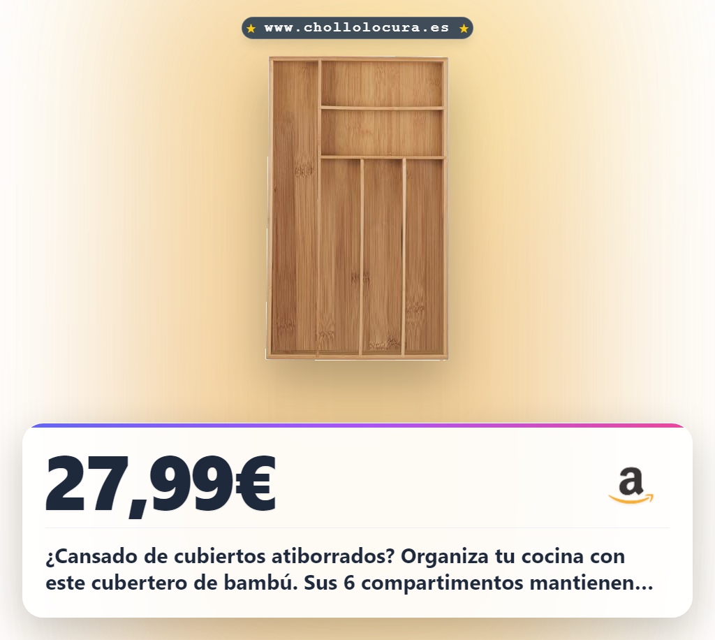 Adquiere el Cubertero Cajón Bambú Organizador de Cubiertos 6 Compartimentos (5x27,5x46cm) a precio de chollo