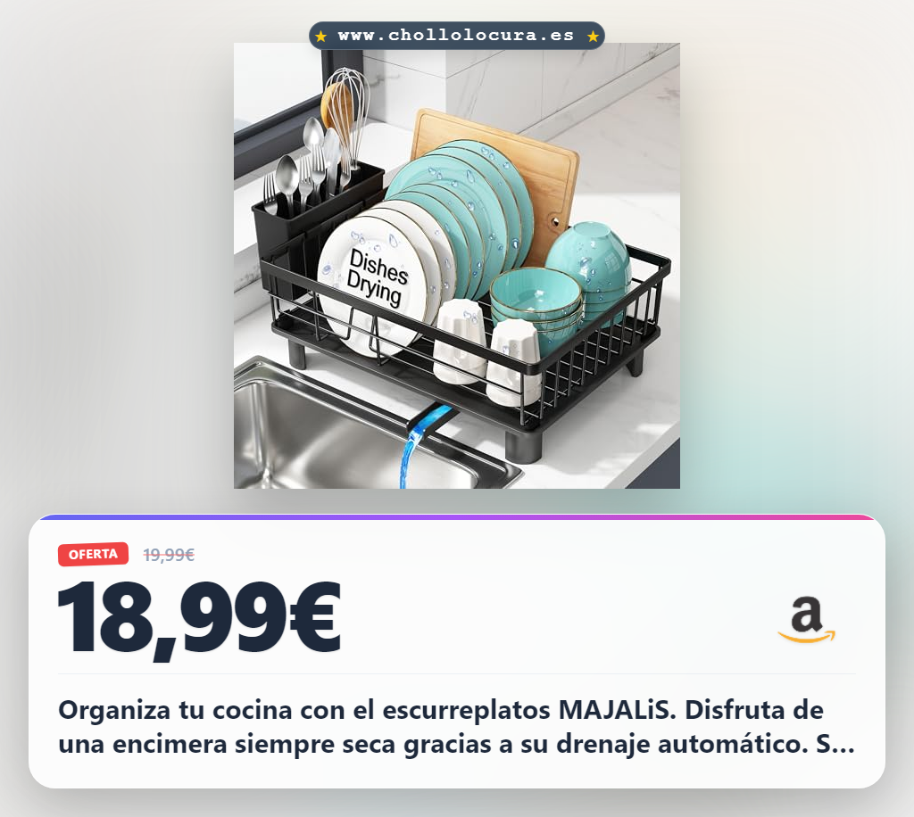 Adquiere este escurreplatos MAJALiS de acero inoxidable con drenaje automático y diseño compacto en oferta.