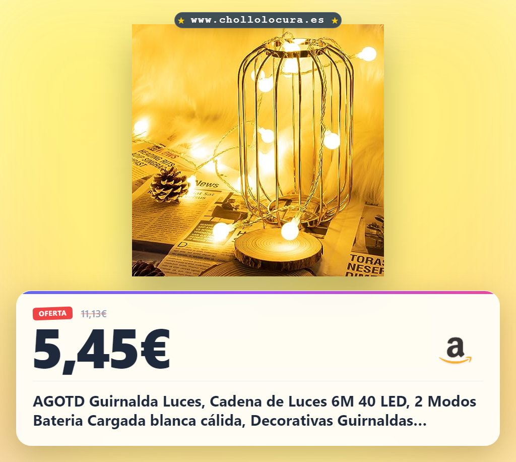 Ahorra en la Guirnalda de Luces de 6M con 40 LED blancos cálidos y 2 modos para decorar tu hogar al mejor precio.
