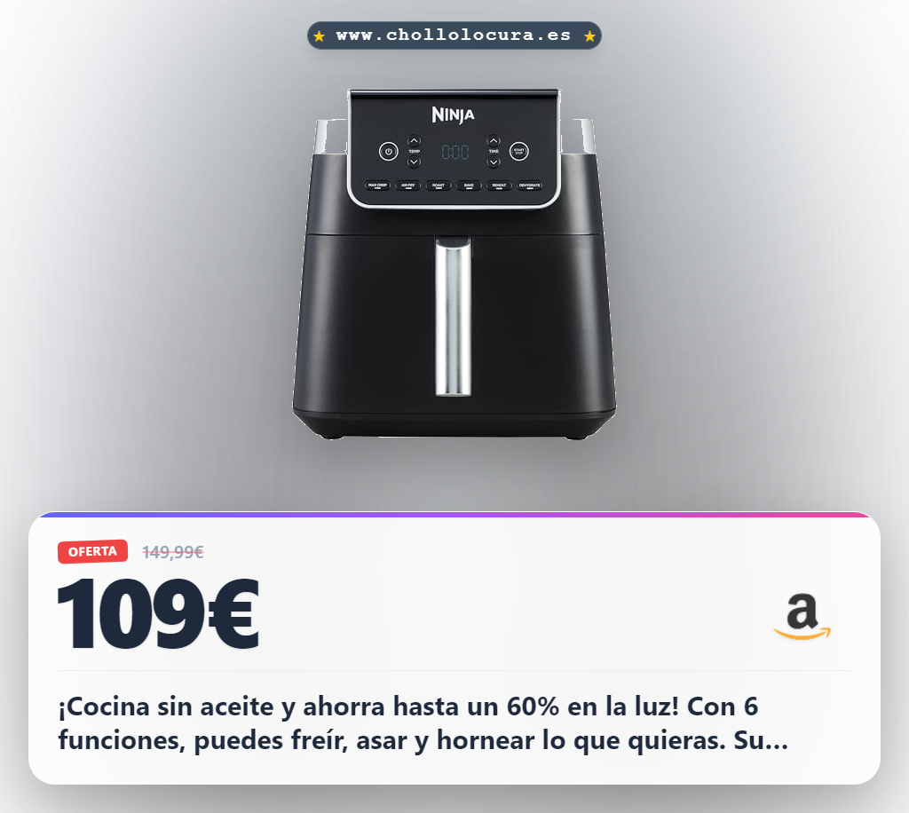 Aprovecha la Ninja MAX PRO Freidora de Aire sin aceite de 6,2L. Logra cocinar con hasta un 75% menos grasa y 6 funciones.