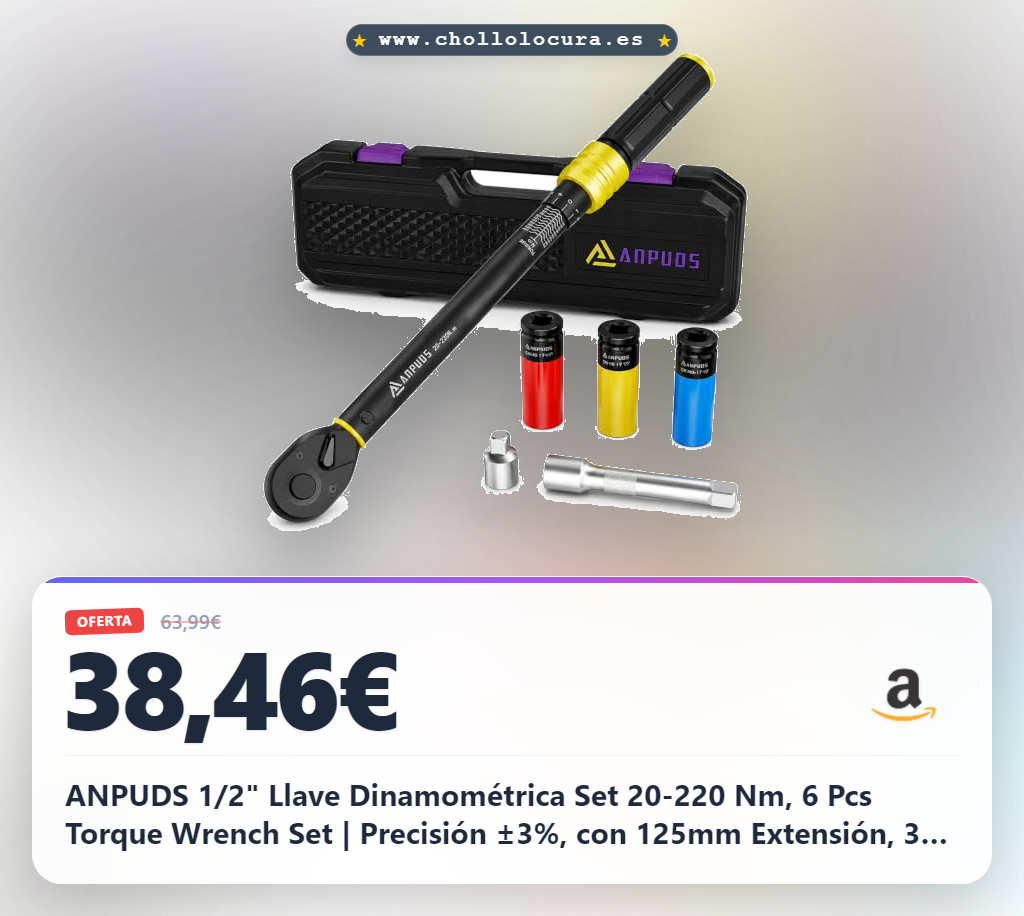 ANPUDS 1/2" Llave Dinamométrica Set 20-220 Nm, 6 Pcs Torque Wrench Set | Precisión ±3%, con 125mm Extensión, 3/8 Adaptador, 3 Llaves de Vaso 17mm/19mm/21mm, para Cambiar Neumáticos de Coche y Moto