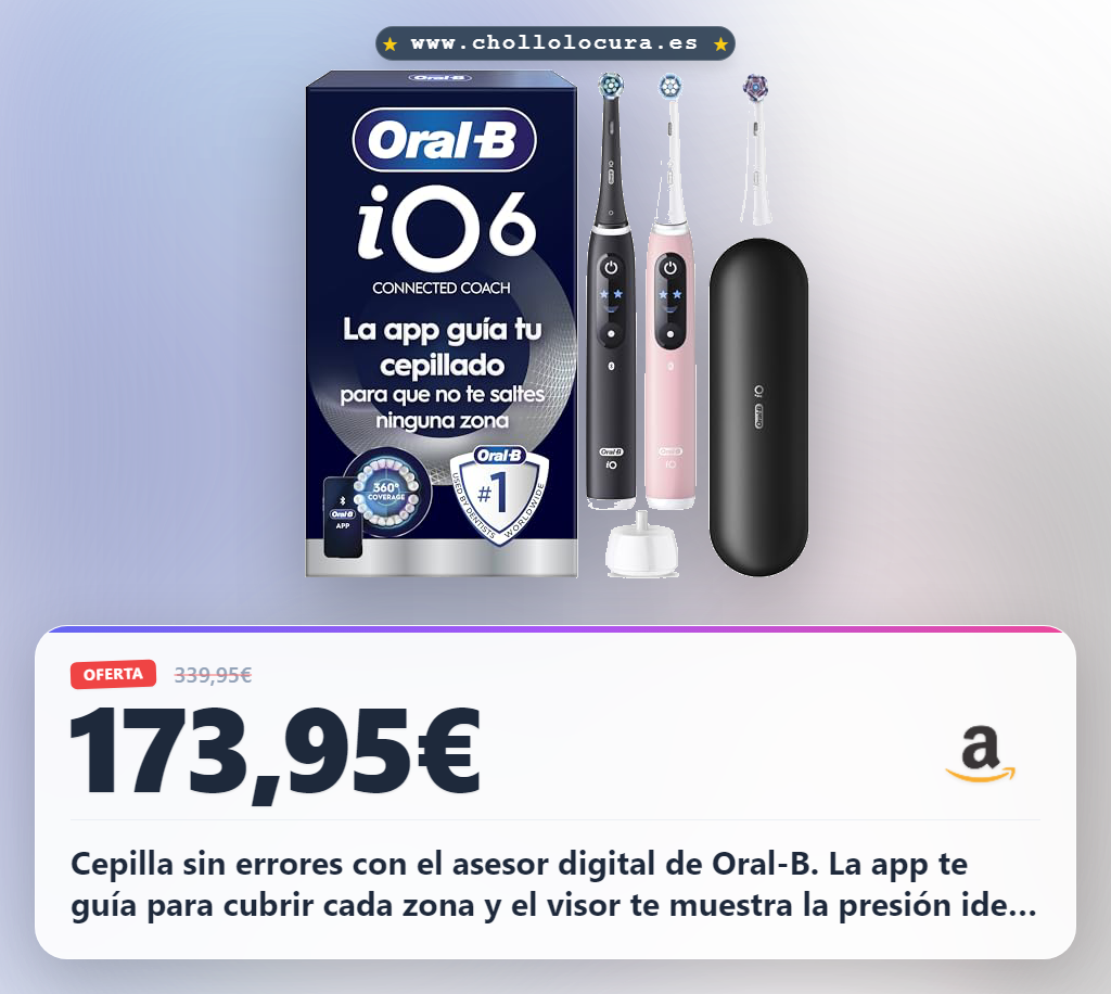 Descubre el Oral-B iO 6 Pack de 2. Cepillos eléctricos con asesor digital y sensor de presión. Logra la máxima limpieza perfecta.