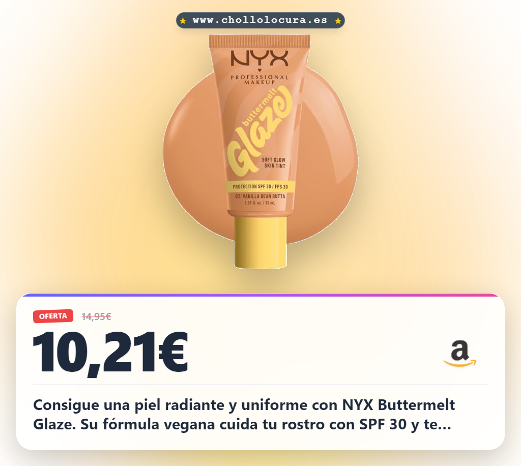 Llévate la Base NYX Buttermelt Glaze Tono 02 Vanilla Bean Butta y brilla con SPF 30 en oferta histórica.