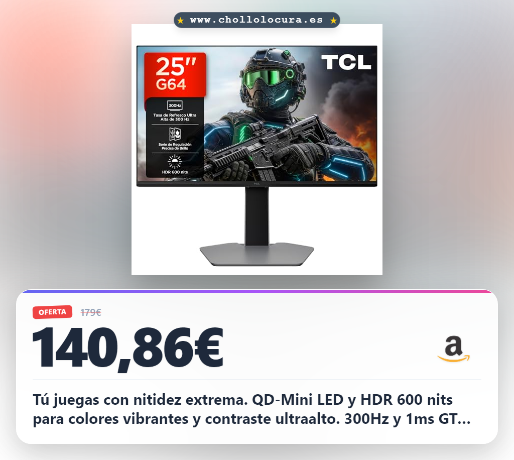 TCL 25" QD-Mini-LED 25G64 Gaming Monitor, Full HD Resolution, 300Hz, Fast-IPS Panel, 600-nit HDR, 1ms GTG Response Time, AMD Freesync Premium, G-Sync Compatible