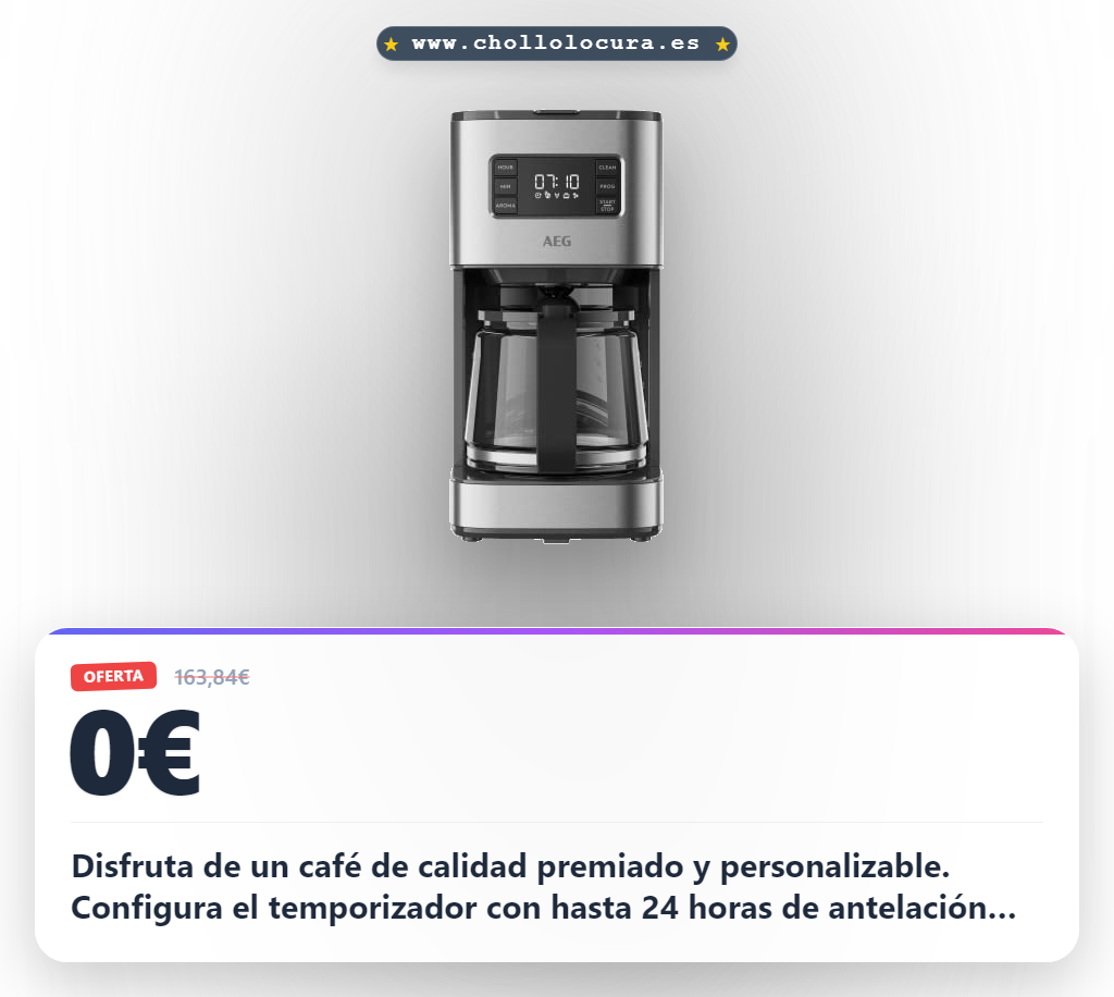 Aprovecha la máquina de café AEG Deli 5L con temporizador y aroma intenso a precio de chollo en oferta histórica del año.