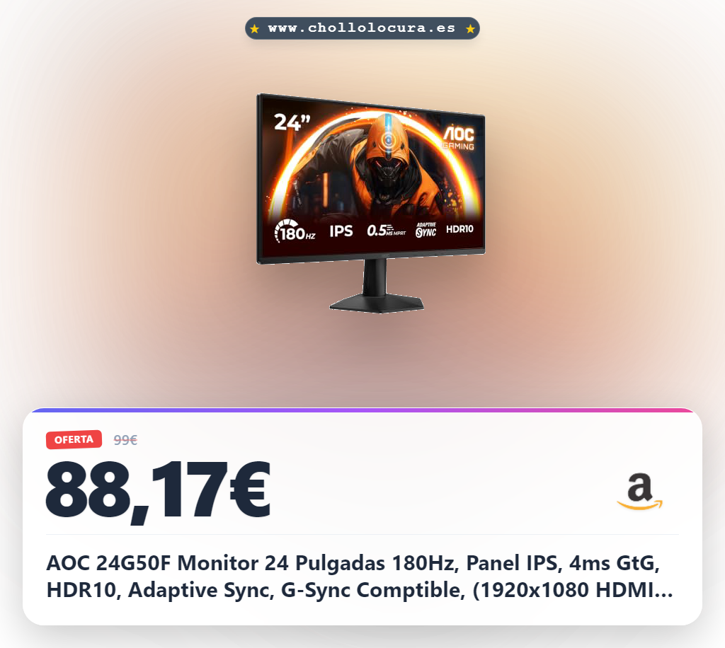 AOC 24G50F Monitor 24 Pulgadas 180Hz, Panel IPS, 4ms GtG, HDR10, Adaptive Sync, G-Sync Comptible, (1920x1080 HDMI 1x 2.0 DP 1x 1.4) Negro