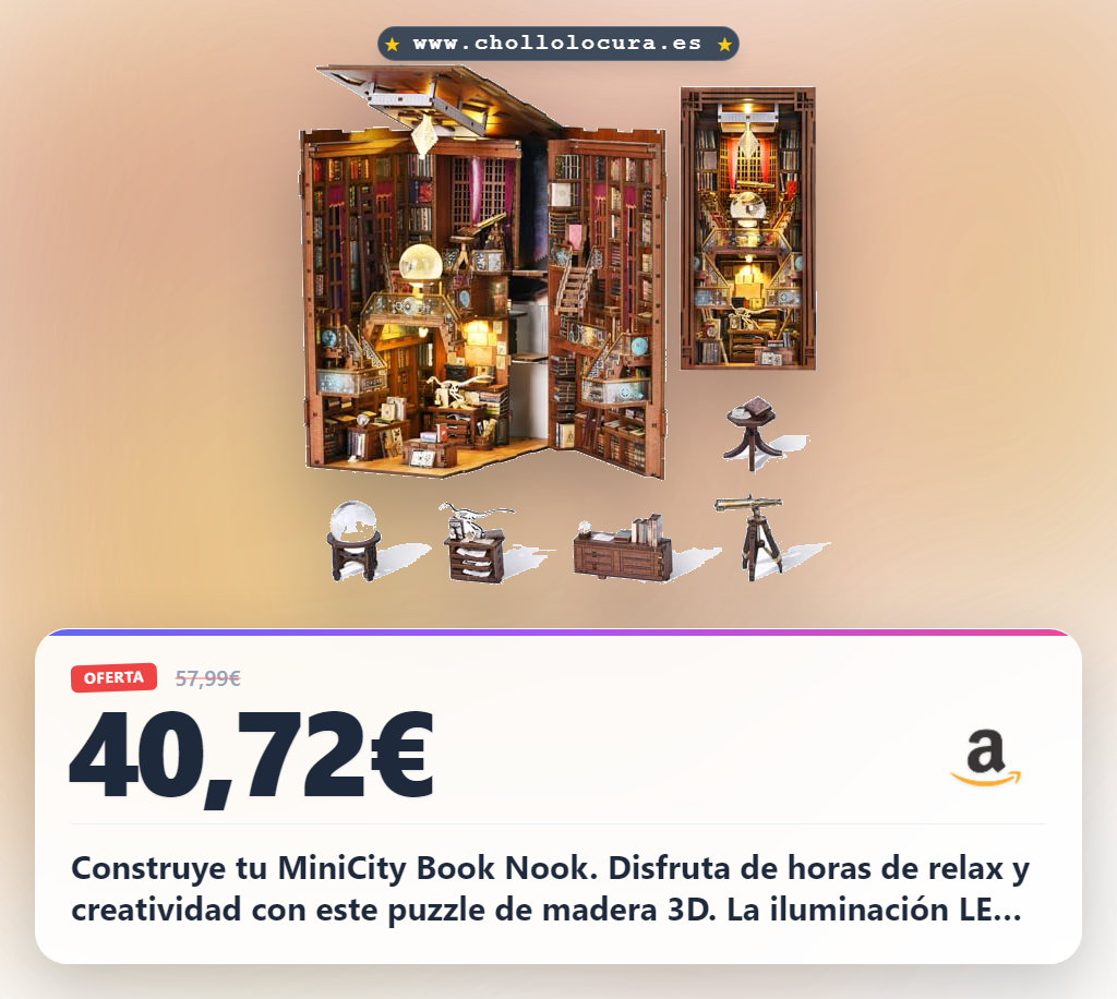 Logra construir tu MiniCity Book Nook: Puzzle de madera 3D con iluminación LED a precio de chollo
