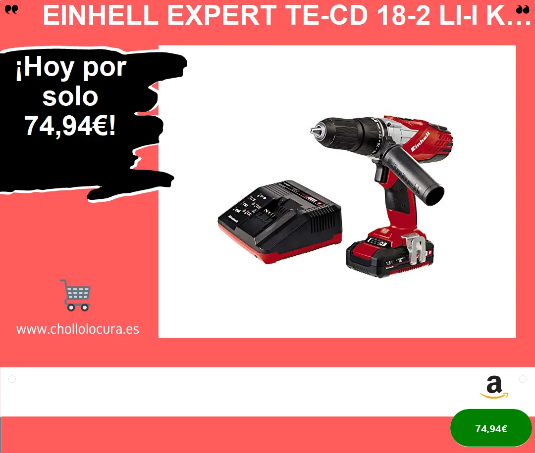 Einhell Expert TE-CD 18-2 Li-I Kit - Taladro percutor sin cable (batería de litio, 1.5 Ah, incluye maletín Bmc, 2 velocidades, 48 Nm, Power X-Change, luz LED, 18 V), color rojo