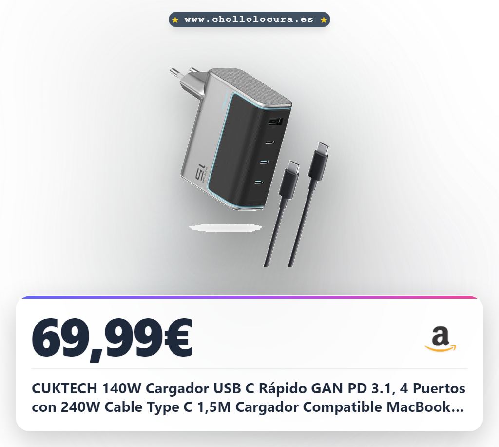 CUKTECH 140W Cargador USB C Rápido GAN PD 3.1, 4 Puertos con 240W Cable Type C 1,5M Cargador Compatible MacBook, iPhone 16 Series, iPad, Pixel, and More