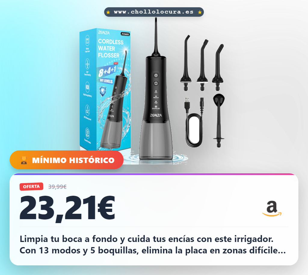 Limpia tu boca a fondo y cuida tus encías con este irrigador. Con 13 modos y 5 boquillas, elimina la placa en zonas difíciles y obtén una limpieza 360° total. Es inalámbrico, portátil y dura 30 días. Personaliza la presión con los modos DIY para un cuidado dental profesional.
