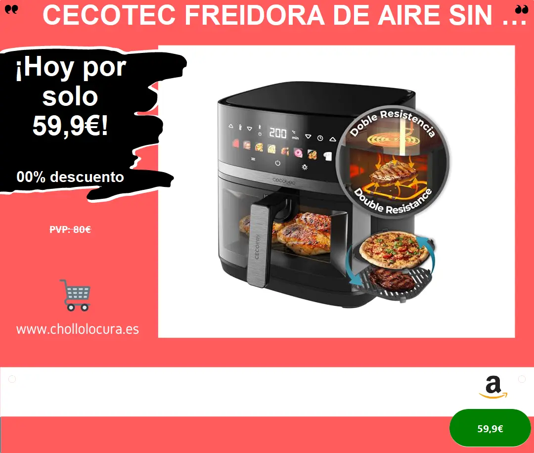Cecotec Freidora de Aire sin Aceite - 8L - Plancha - Grill - Doble Resistencia - Air Fryer Cecofry&Grill Duoheat 8000. 2200W, Dietética y Digital, Ventana, Temperatura Regulable 80-200°C, 8 Menús