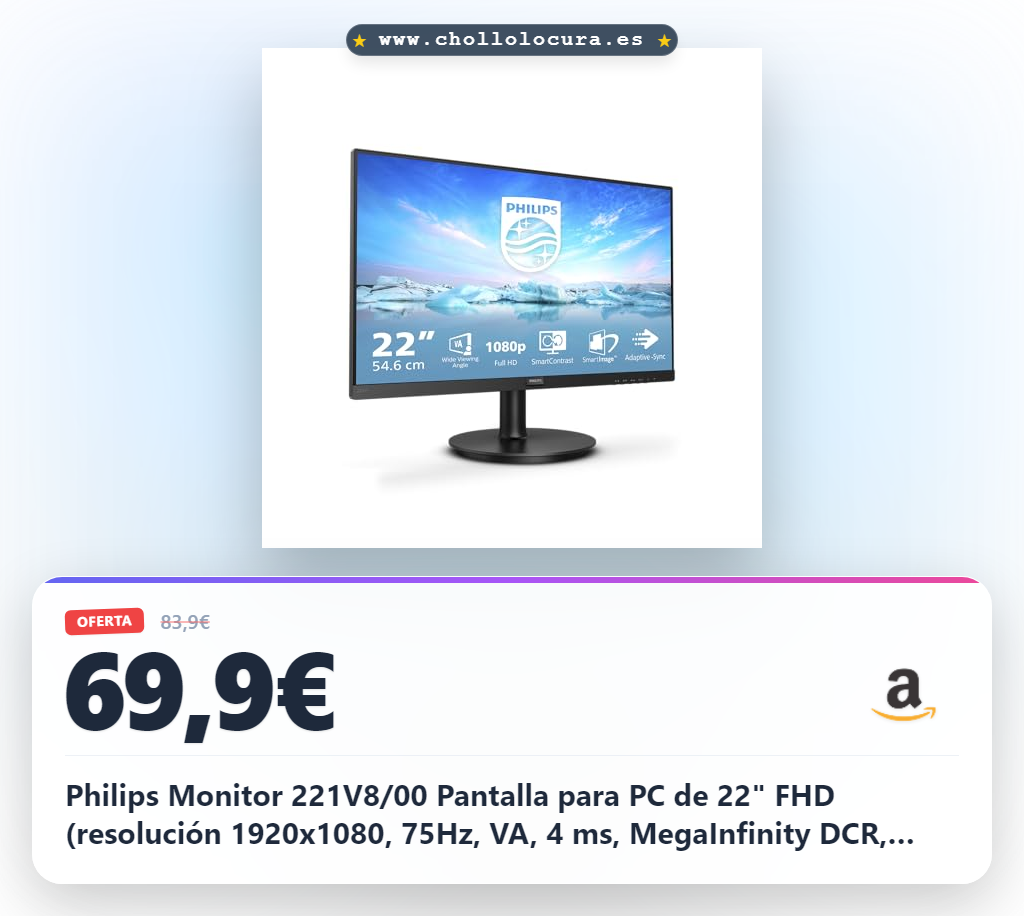 Philips Monitor 221V8/00 Pantalla para PC de 22" FHD (resolución 1920x1080, 75Hz, VA, 4 ms, MegaInfinity DCR, AdaptiveSync, Flickerfree, Lowblue, VESA, HDMI)