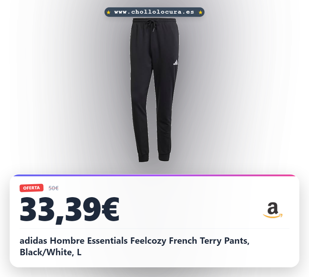 adidas Hombre Essentials Feelcozy French Terry Pants, Black/White, L