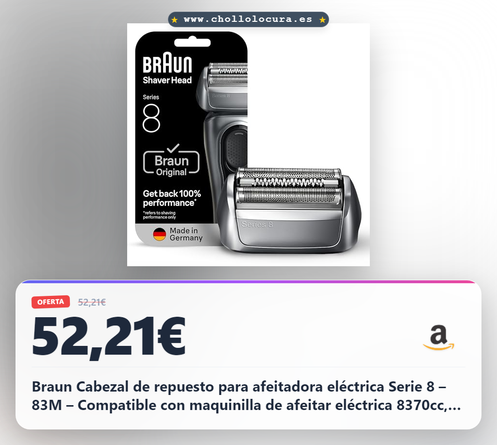 Braun Cabezal de repuesto para afeitadora eléctrica Serie 8 – 83M – Compatible con maquinilla de afeitar eléctrica 8370cc, 8340s, 8350s