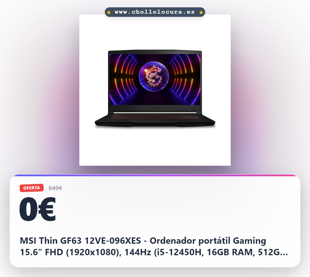 MSI Thin GF63 12VE-096XES - Ordenador portátil Gaming 15.6" FHD (1920x1080), 144Hz (i5-12450H, 16GB RAM, 512GB SSD, RTX 4050 6GB, Free Dos) Black - Teclado QWERTY español