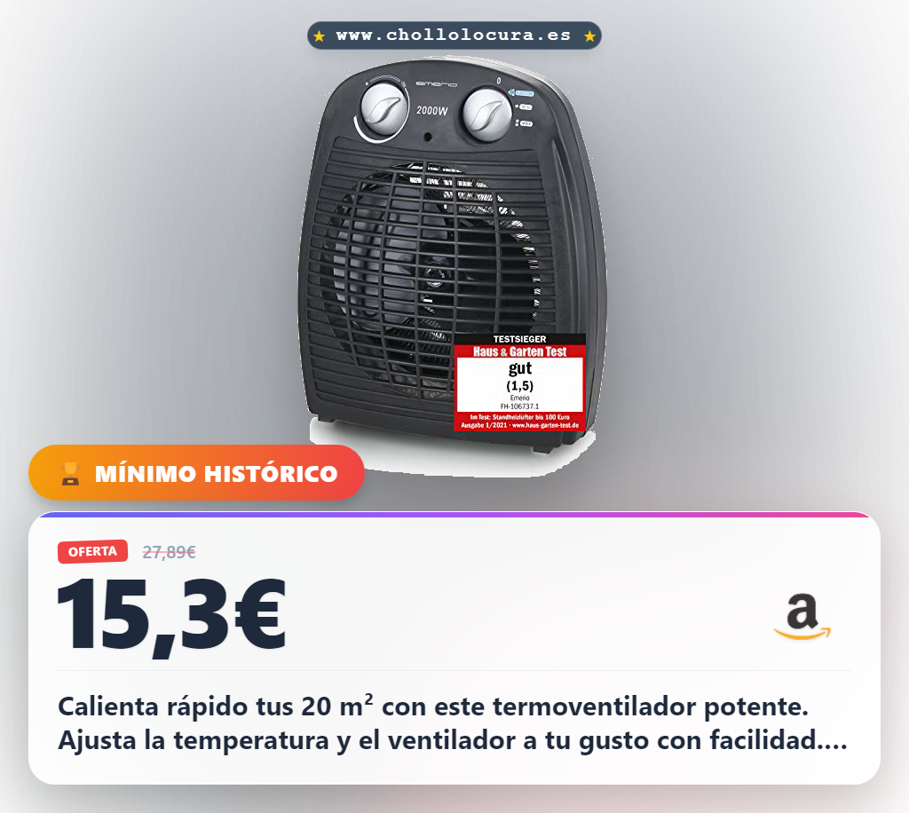Aprovecha este termoventilador compacto 2000W con ventilador y termostato ajustable en oferta