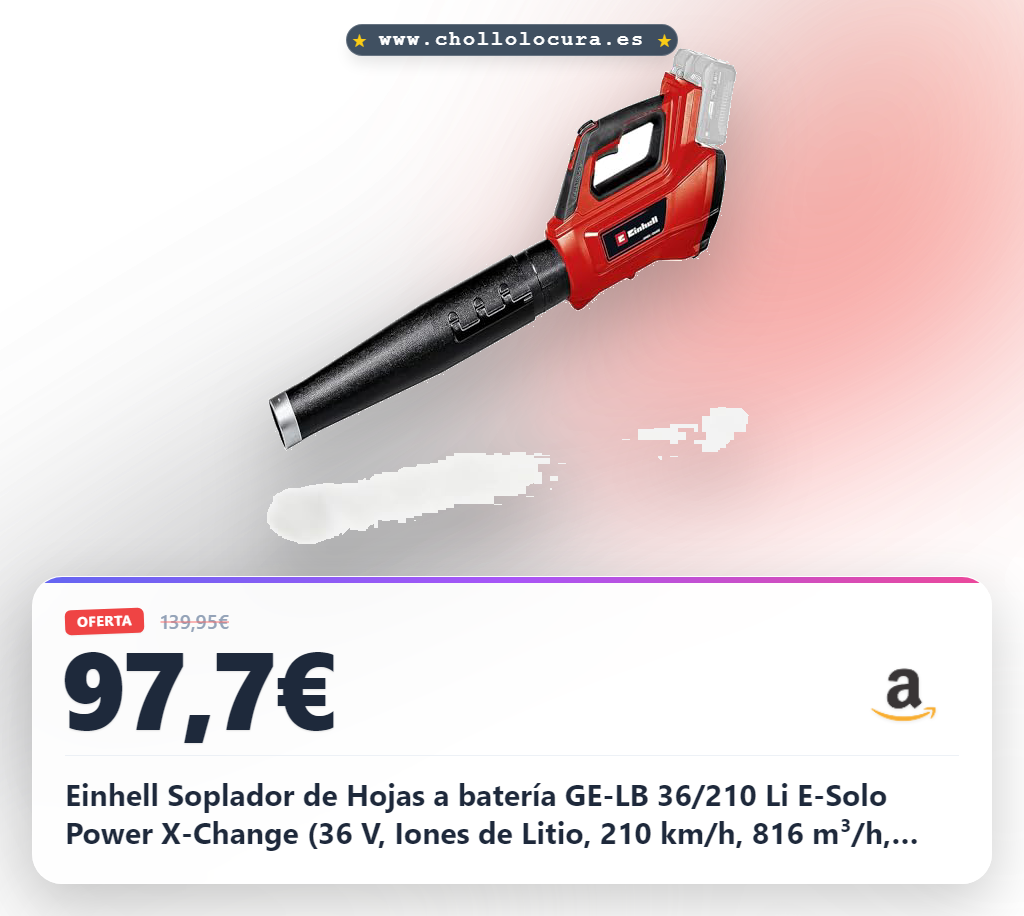 Einhell Soplador de Hojas a batería GE-LB 36/210 Li E-Solo Power X-Change (36 V, Iones de Litio, 210 km/h, 816 m³/h, Interruptor Turbo, Tubo de 3 escalones + Desmontable, sin batería ni Cargador)