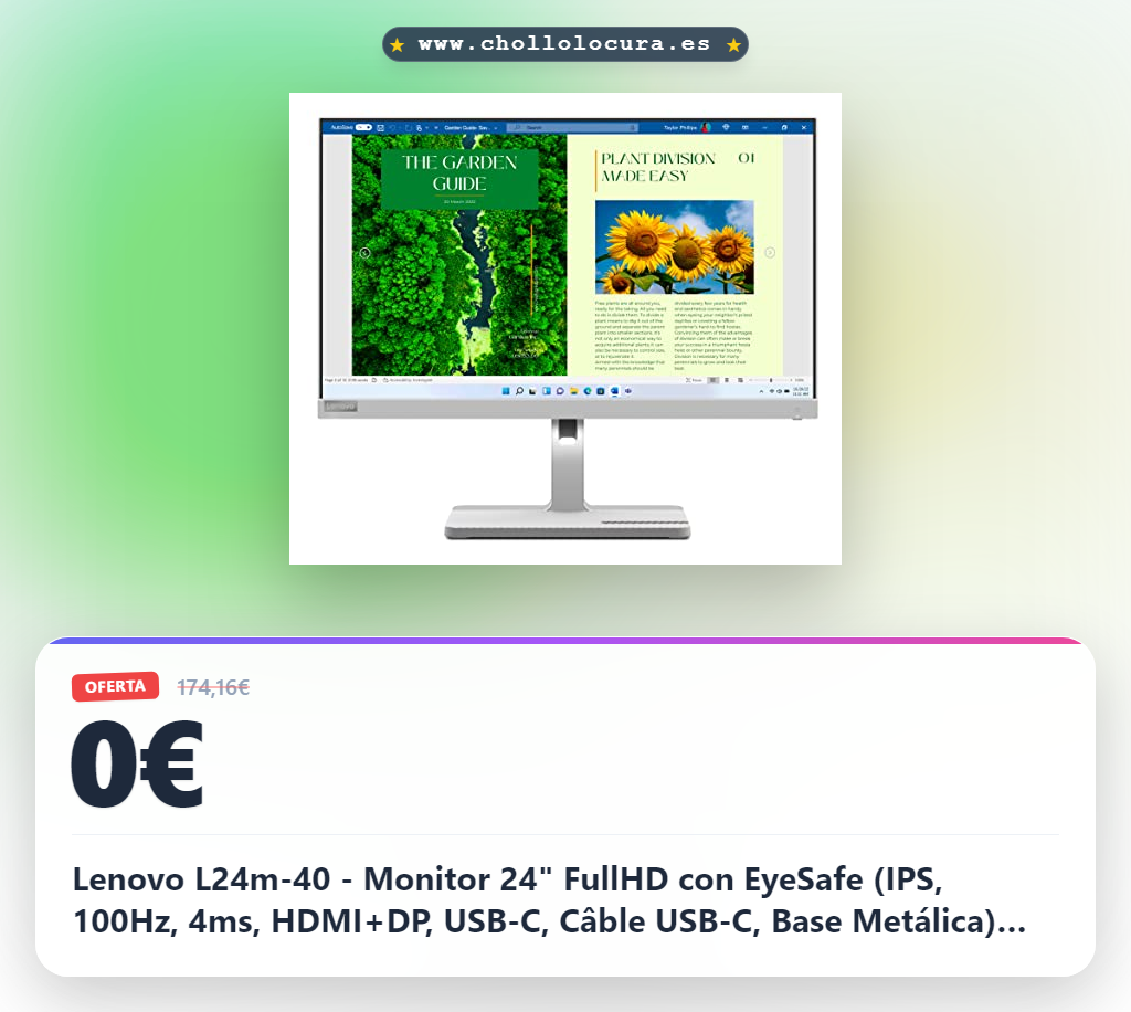 Lenovo L24m-40 - Monitor 24" FullHD con EyeSafe (IPS, 100Hz, 4ms, HDMI+DP, USB-C, Câble USB-C, Base Metálica) Ajuste de inclinación/rotación/Giro/Altura - Gris