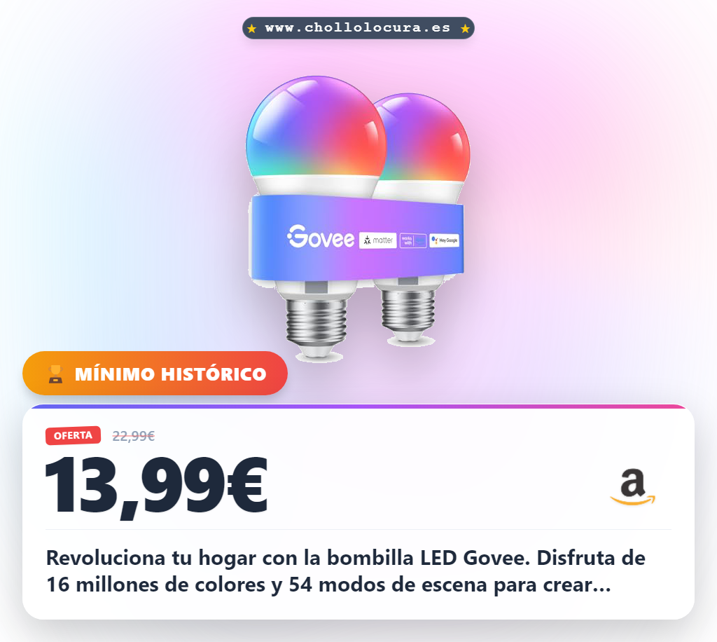 Aprovecha la bombilla LED Govee E27 inteligente con 16 millones de colores y control por voz en oferta histórica