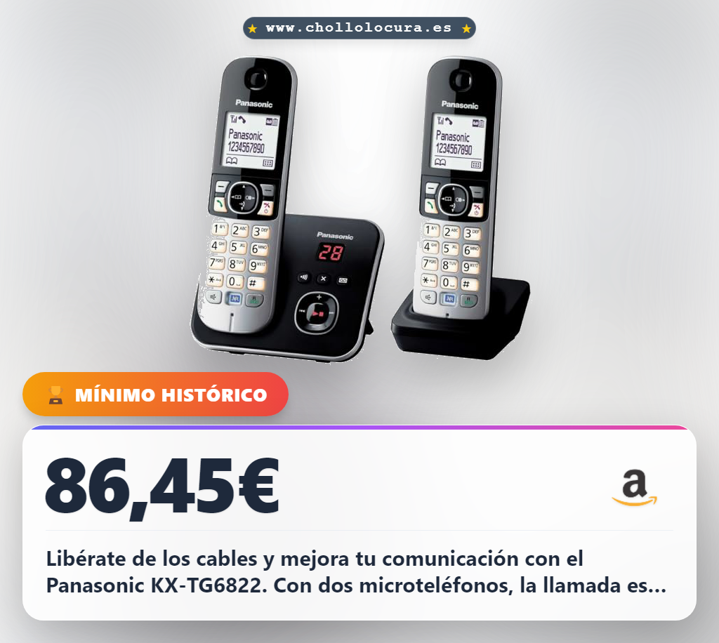 Encuentra el Teléfono inalámbrico DECT Panasonic KX-TG6822 con 2 microteléfonos en oferta histórica