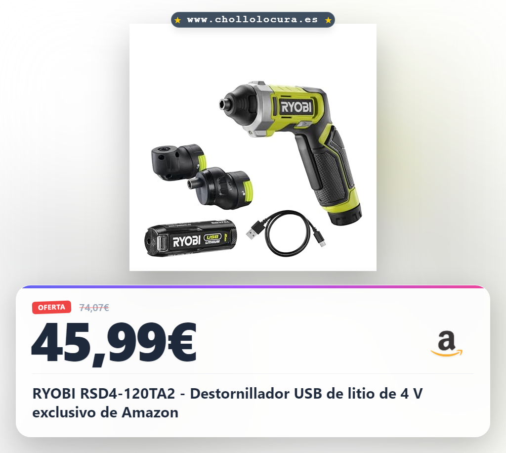 RYOBI RSD4-120TA2 - Destornillador USB de litio de 4 V exclusivo de Amazon