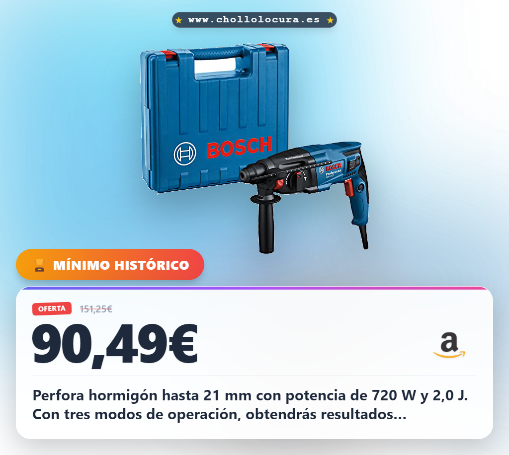 Consigue el taladro percutor Bosch GBH 2-21 para perforar hormigón hasta 21 mm en oferta