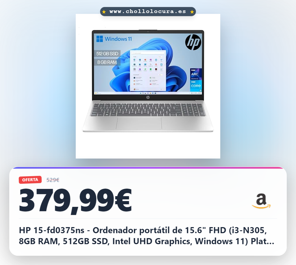 HP 15-fd0375ns - Ordenador portátil de 15.6" FHD (i3-N305, 8GB RAM, 512GB SSD, Intel UHD Graphics, Windows 11) Plata - Teclado QWERTY Español