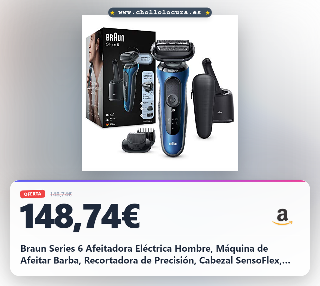 Braun Series 6 Afeitadora Eléctrica Hombre, Máquina de Afeitar Barba, Recortadora de Precisión, Cabezal SensoFlex, Base de Carga, Centro de Limpieza, Resistente al Agua, Inalámbrica, 60-B7500 CC, Azul