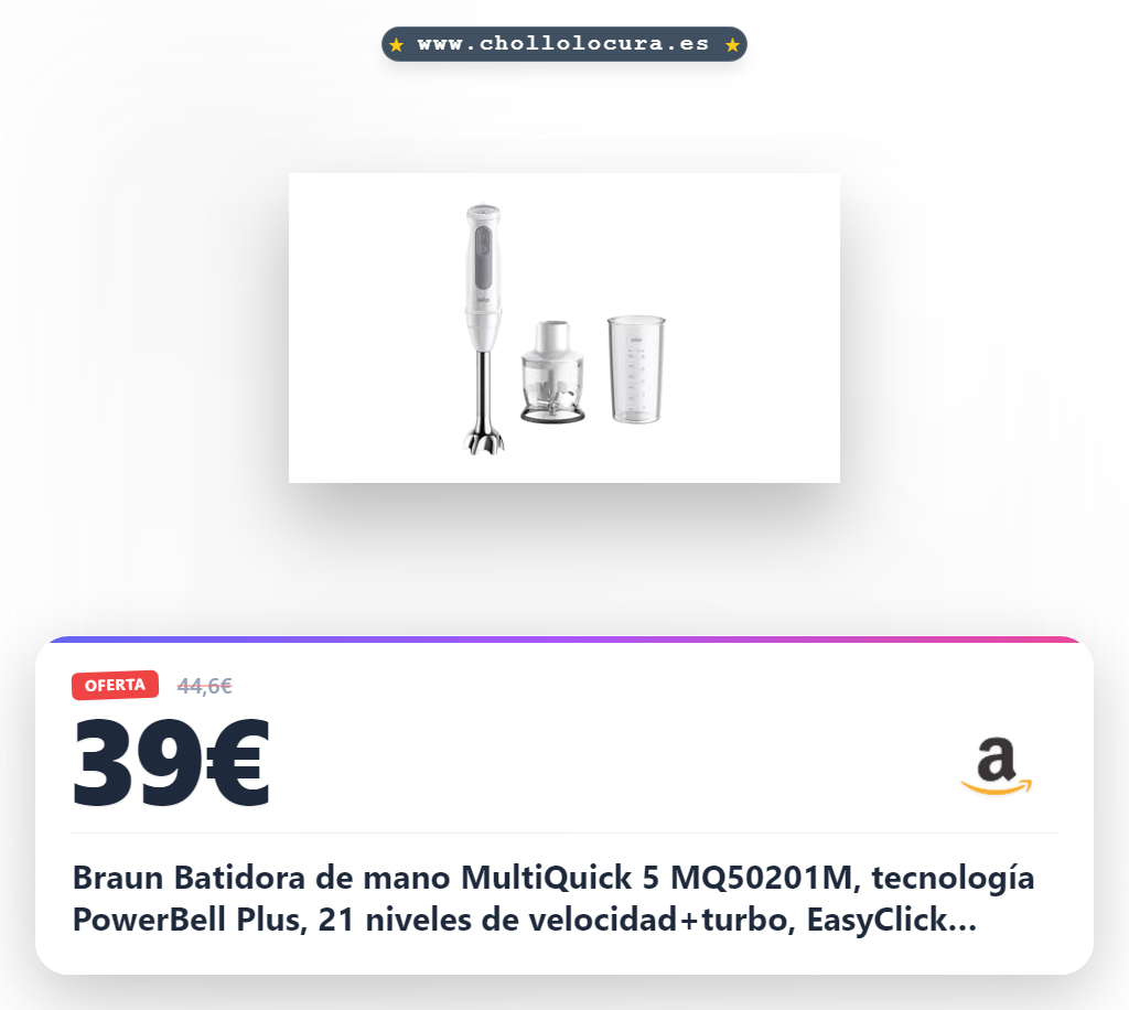 Braun Batidora de mano MultiQuick 5 MQ50201M, tecnología PowerBell Plus, 21 niveles de velocidad+turbo, EasyClick System Plus, mango de acero inoxidable, picadora de 350 ml y vaso de 600 ml, 1000 W,