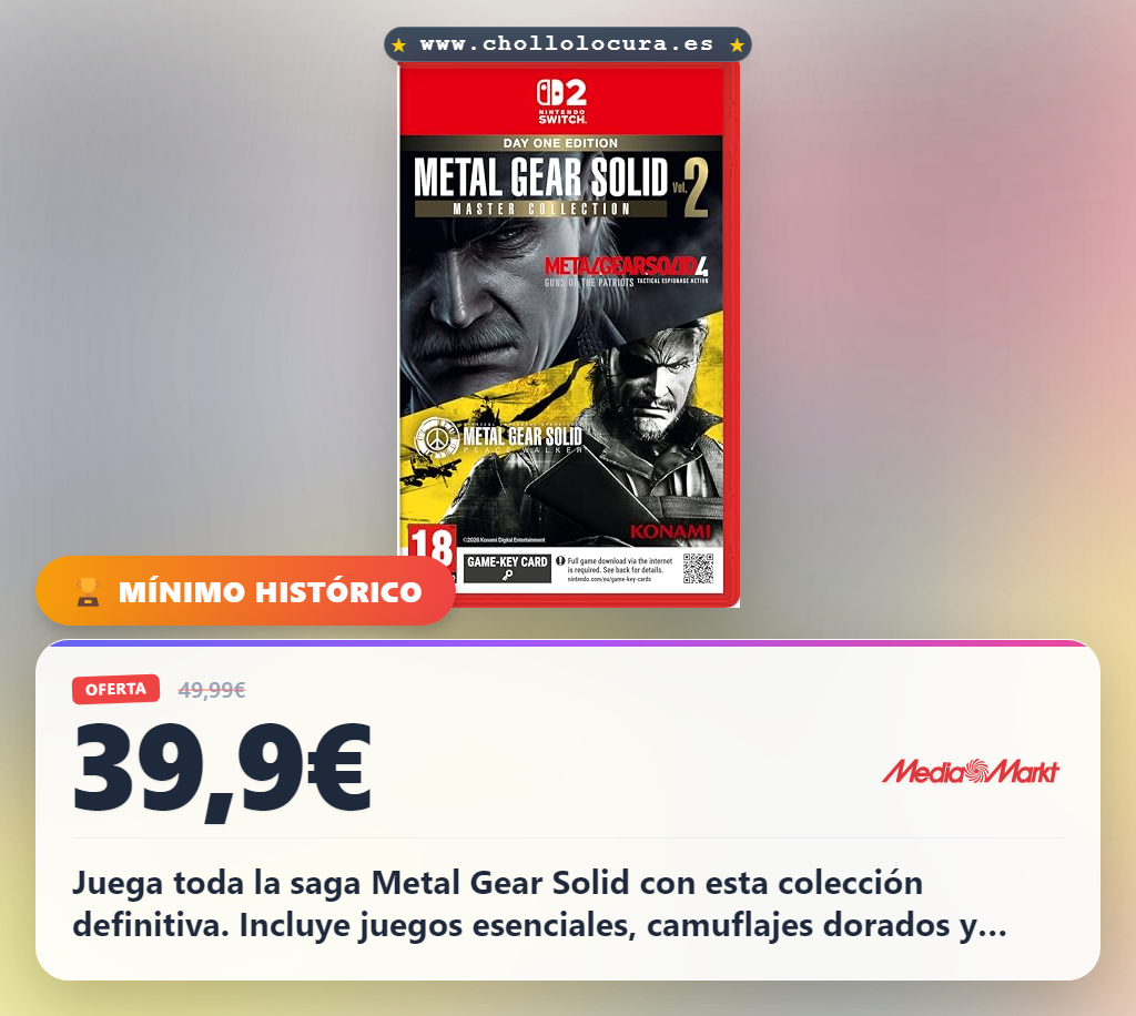 Aprovecha la Master Collection Vol 2 para Switch 2. Incluye MGS4, Peace Walker, contenido extra y uniformes dorados.